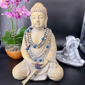 108 bead Knotted Mala Labradorite and Druzy Agate